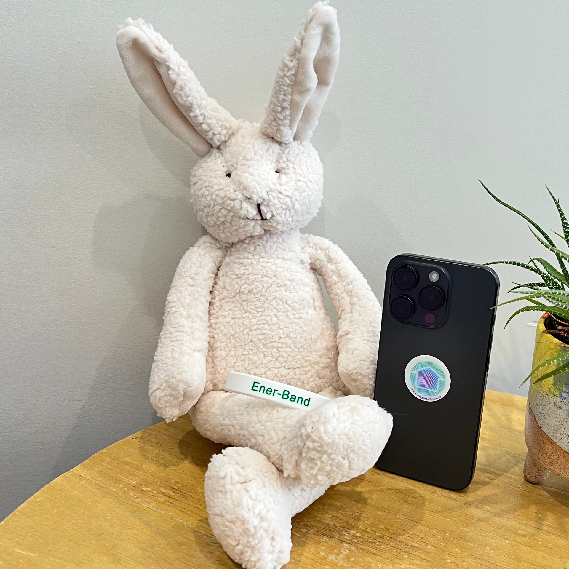 White plush bunny toy on a wooden surface with a phone and plant in the background.