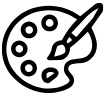 A black and white icon of a paint palette with a paintbrush, representing an art supply or color selection tool.