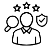 A black and white line icon depicting a person with a magnifying glass, a shield, and three stars, representing authority and trust in research and experience.