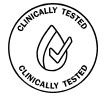 A circular black and white graphic with the text 'CLINICALLY TESTED' surrounding a stylized medical cross symbol.